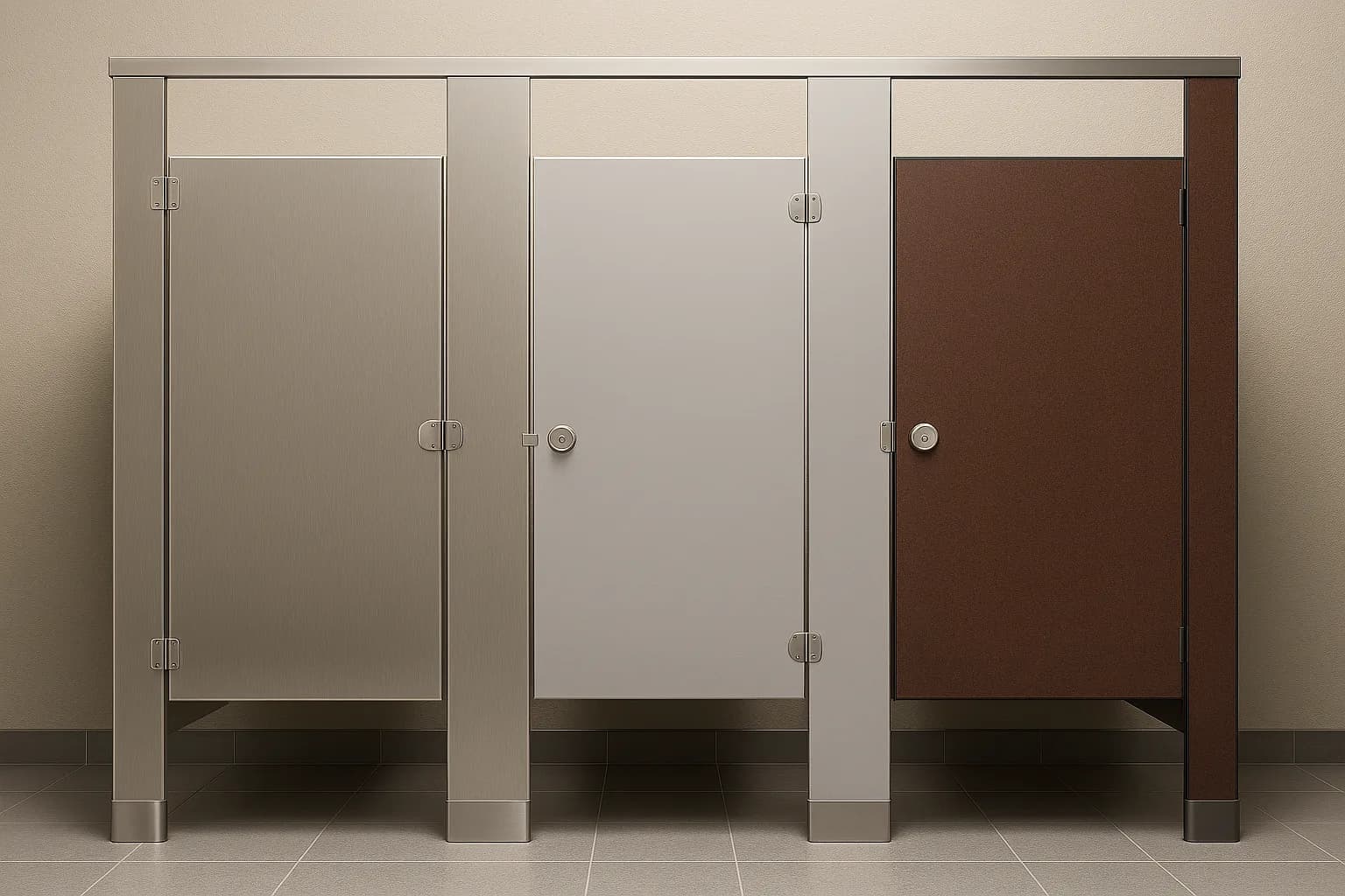 Row of commercial restroom toilet partitions