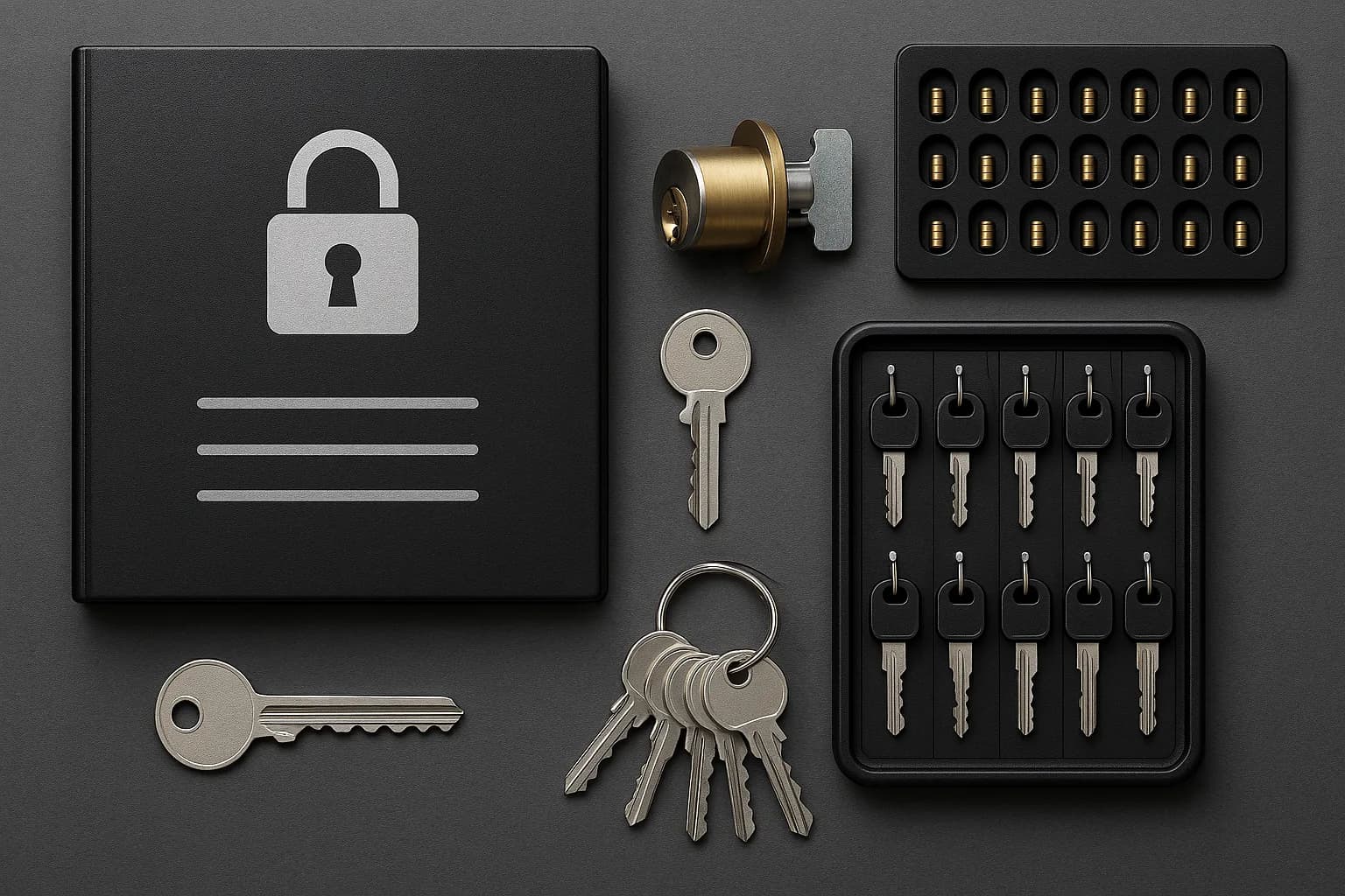 Commercial lock cylinders, keys, and a wall-mounted key cabinet