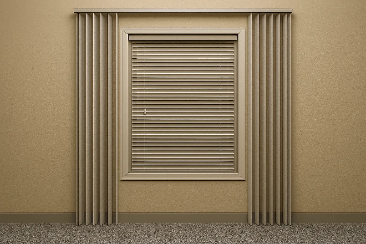 Commercial window with horizontal blinds and floor-length drapes