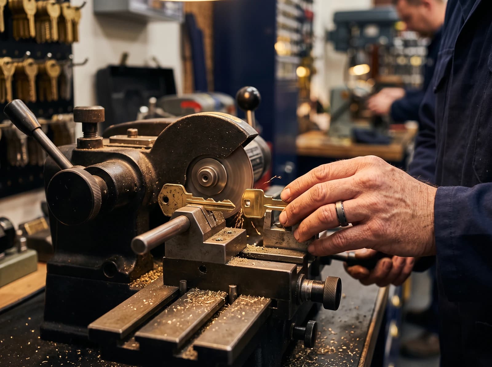 Technician cutting a key on a key-cutting machine